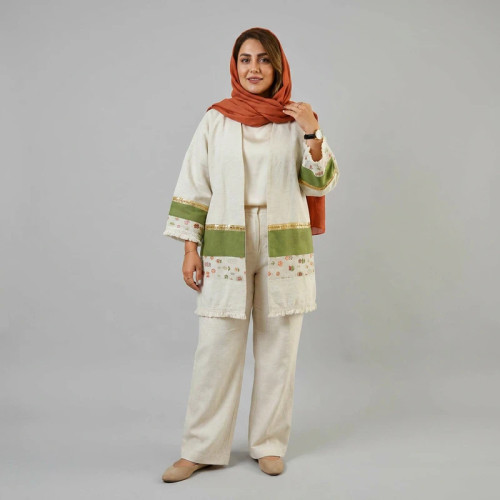 مانتو زنانه مدل لینن سوزن دوزی هندی کرم